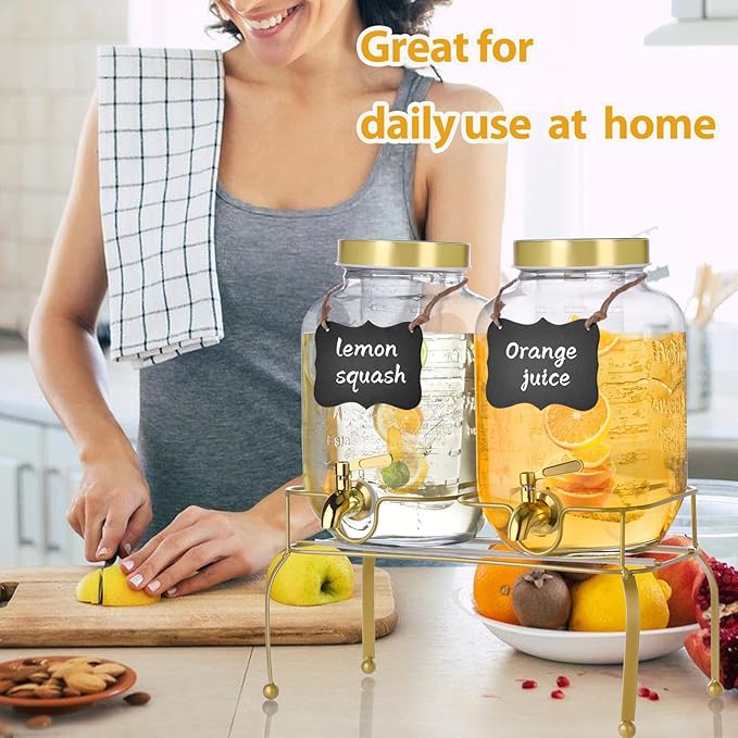 1 Gallon Glass Drink Dispenser Set of 2 – Drink Dispensers for Parties, Beverage Dispenser with Stand & 100% Leakproof Spigot, Ideal for Lemonade, Juice, Iced Tea, Laundry Detergent Dispenser