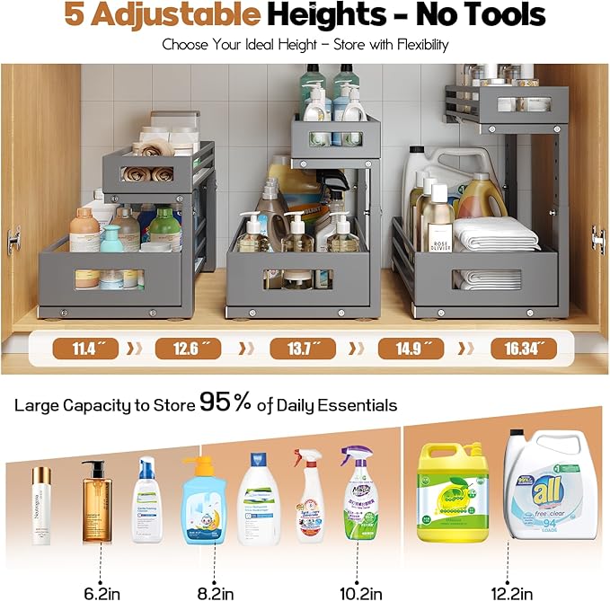 1-Pack Under Sink Organizers and Storage,2-Tier L Shape Pull Out Cabinet Organizer With Round Tube Slide Rails,Hight Adjustable Slide Out Drawers for Kitchen&Bathroom,Multi-Purpose Storage Shelf-Gray