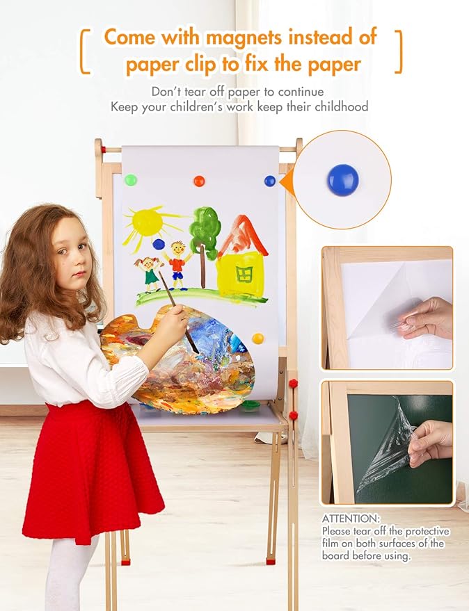 YOHOOLYO Kids Easel Wooden Children Art Easel Paper Roll,Double Sided Magnetic Whiteboard Chalkboard Dry Eraser Adjustable Height for Boys Girls Gifts