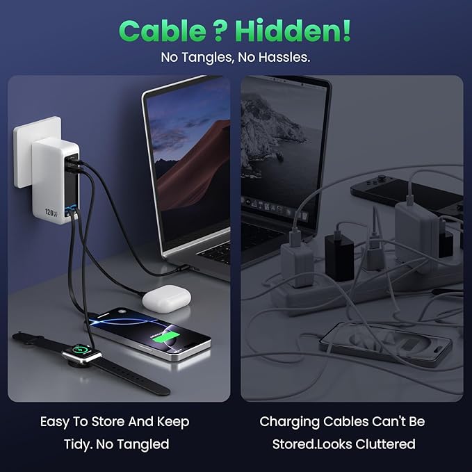 120W USB C Charger Block with 2 Built-in Retractable Cables,4-in-1 GaN IV Foldable Plug Wall Charger Fast Charging Station,PD 65W Laptop Adapter for MacBook/iPad,iPhone 16/15/14,Android (White)