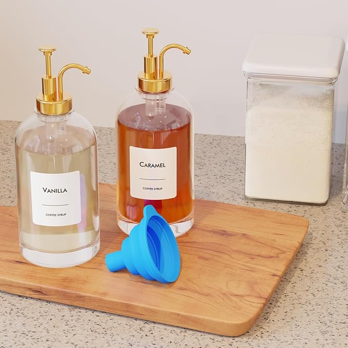 16.9 oz/500 ml Coffee Syrup Dispenser Set - 6 Glass Bottles with Gold Pumper and Syrup Labels - Precise Dispensing and Stylish Addition to Coffee Shop, Cafe or Home Bar