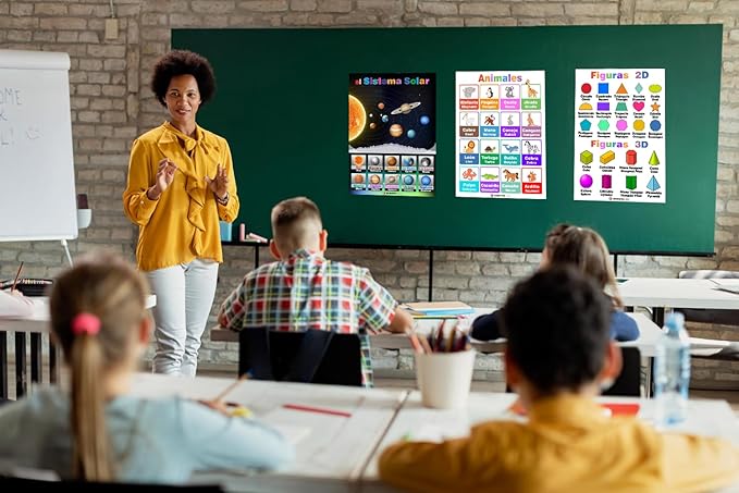 12 Spanish English Bilingual Educational Posters Water Proof Learning Chart for Preschool, Kindergarten, 1st Grade, Classroom Decoration, Alpabet, Alfabeto, Numbers, Seasons, Colors, Month of the