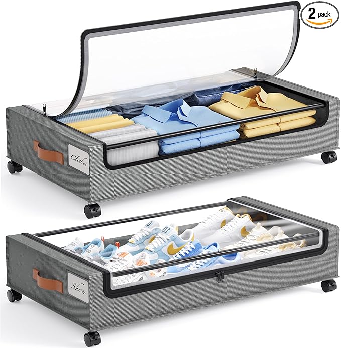 Yecaye Under Bed Storage with Wheels, 2 Pack Under Bed Storage Containers, Large Under Bed Rolling Storage with Clear Window & Label, Bedroom Storage Organizer for Clothes, Shoes,Toys, Books, Blankets