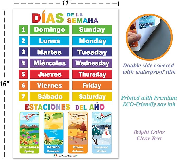 12 Spanish English Bilingual Educational Posters Water Proof Learning Chart for Preschool, Kindergarten, 1st Grade, Classroom Decoration, Alpabet, Alfabeto, Numbers, Seasons, Colors, Month of the