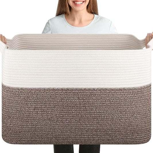 XXXL Supre Large Blanket Basket for Clothes, Towels, Pillows, 108L Cotton Rope Storage Basket for Living Room, Supre Large Woven Toy Storage for Kids, 25" x 16" x 16", Dark Brown and White