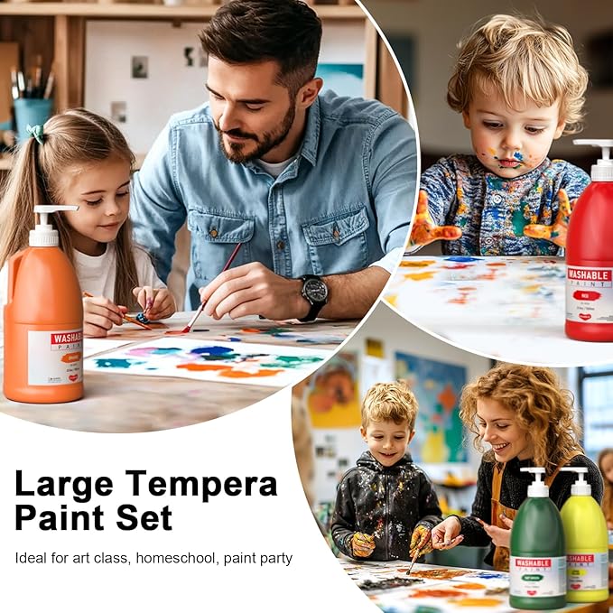 15 Colors Large Washable Paint Set (33.8oz/ 1000ml), Bulk Painting Supplies Non Toxic Tempera Paint for Kids Toddlers, Poster & Finger Paint for Art DIY Craft Classroom School Home-with Pump