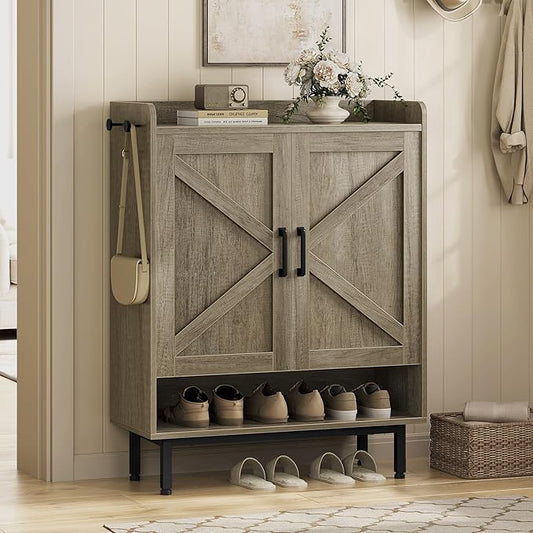 Yaheetech Shoe Storage Cabinet with Barn-Inspired Doors, 6-Tier Shoe Cabinet with Adjustable Shelves & Side Hooks, Compact Shoe Rack Organizer Cabinet for Entryway, Hallway, Gray
