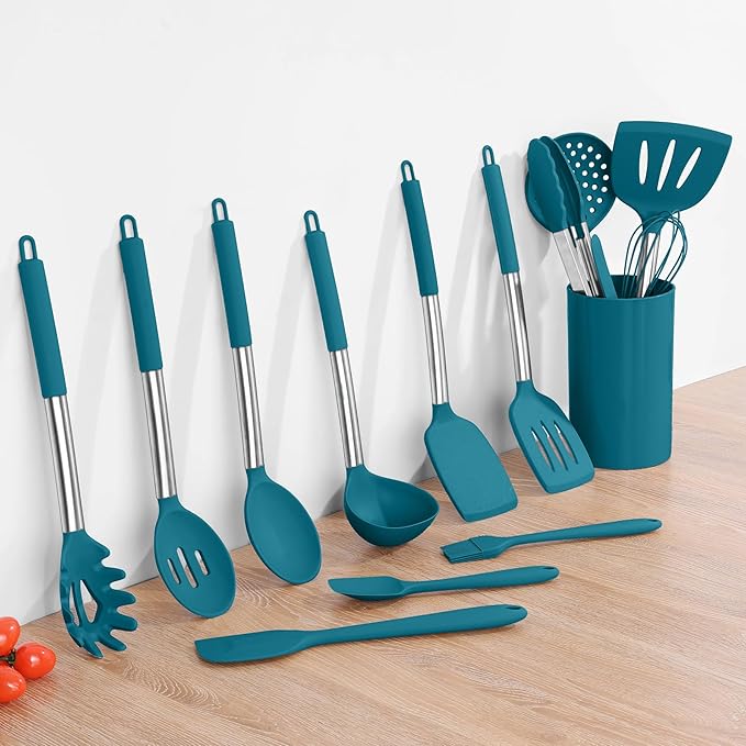 15pcs Kitchen Cooking Utensils Set with Holder, Onader Heat Resistant Silicone Kitchen Utensils Spatula Set with Stainless Steel Handle - Blue