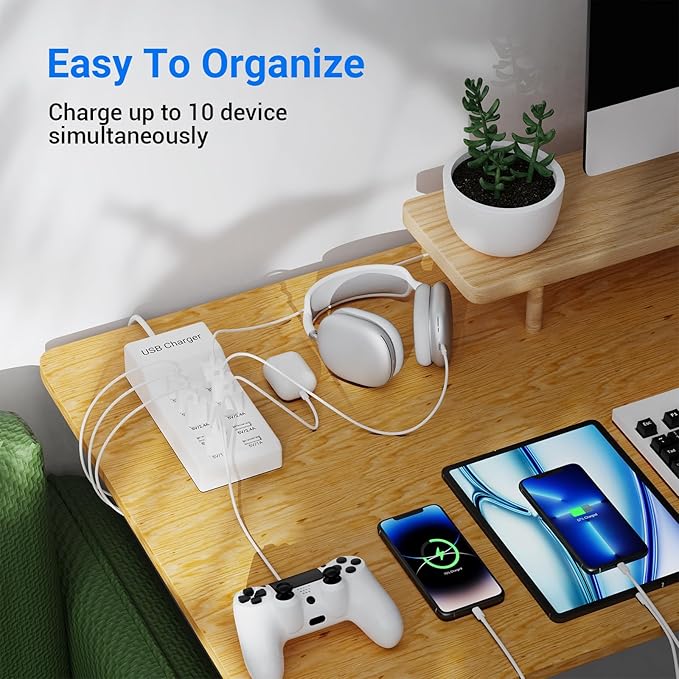 10-Port USB Charger Station, 50W10A Multiport Charger Hub for iPhone, Galaxy, iPad & More