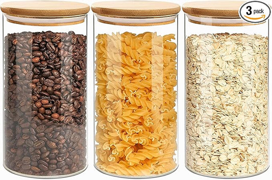 1.5 Qt Round Glass Storage Containers with Lids, Clear Food Storage Container Jar with Sealing Bamboo Lid for Noodles Flour Cereal Rice Sugar Tea Coffee Beans, Round Set of 3