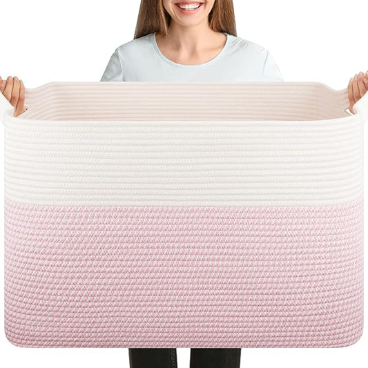XXXL Large Blanket Basket, 108L Cotton Rope Storage Basket for Living Room, Supre Large Toy Basket for Kids, Woven Basket for Clothes, Towels, Pillows, 25" x 16" x 16", Pink and White