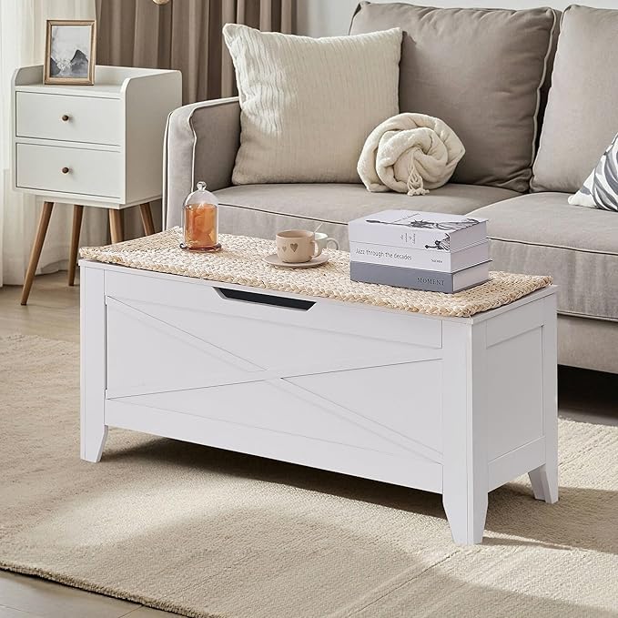 VECELO 43.3" Storage Chest with Lift Top Storage, Farmhouse Style Ottoman with Handwoven Wicker Cushion, Safety Hinges, Ideal for Entryway, Bedroom, Living Room, Ivory White