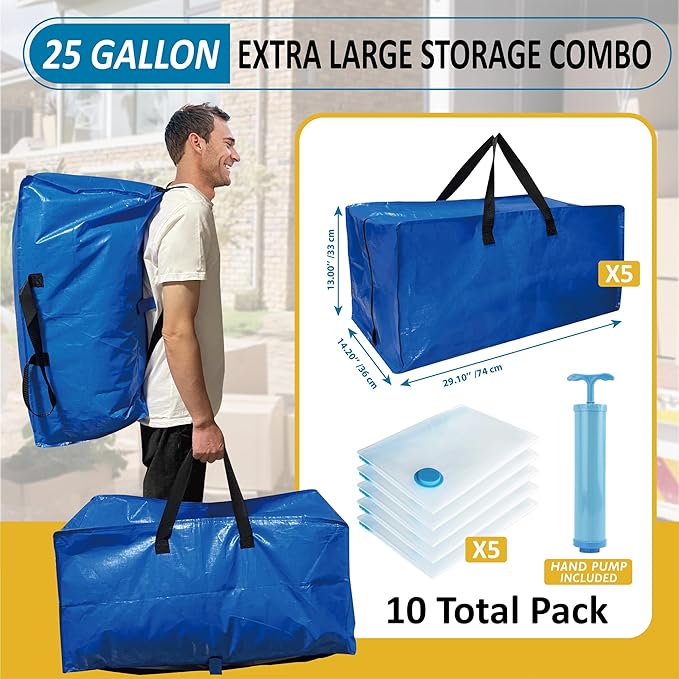 10 Pack Heavy Duty Extra Large Moving Bags with Backpack Straps & Vacuum Storage Supply Combo, Totes Handles Zippers for Space Saving, Fold Flat, Includes Bags, Blue, (HEV10)