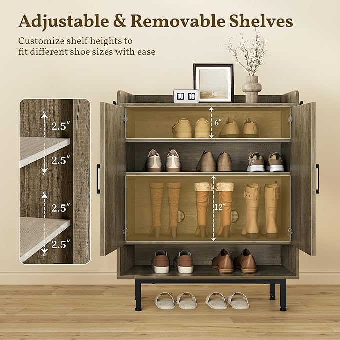 Yaheetech Shoe Storage Cabinet with Barn-Inspired Doors, 6-Tier Shoe Cabinet with Adjustable Shelves & Side Hooks, Compact Shoe Rack Organizer Cabinet for Entryway, Hallway, Gray