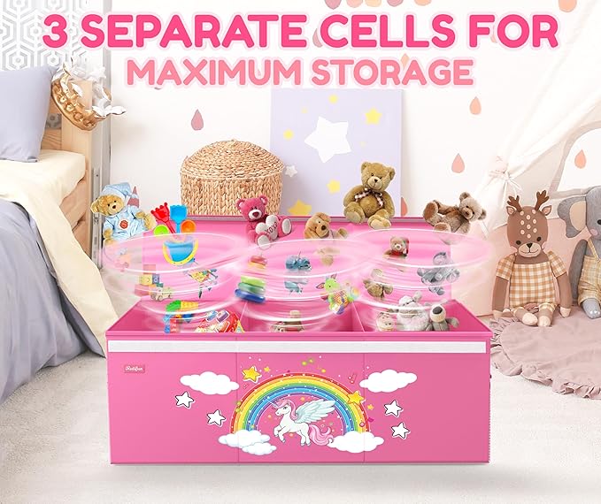 XL Unicorn Toy Box - Foldable & Collapsible Cardboard Toy Chest Storage, Glow in the Dark Stickers - Extra Large Organizer with Lid, Kids Storage with Removable Dividers & Mesh Pocket - Pink