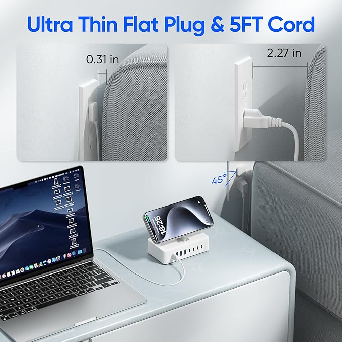 115W USB Charging Station Power Strip, 11-in-1 USB C Charger Block, 2AC Outlets with 8USB Ports(4USB-C), 5FT Flat Plug Extension Cord, Fast Charging Desktop Charger for Home Office Dorm Room, White