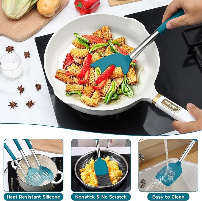 15pcs Kitchen Cooking Utensils Set with Holder, Onader Heat Resistant Silicone Kitchen Utensils Spatula Set with Stainless Steel Handle - Blue