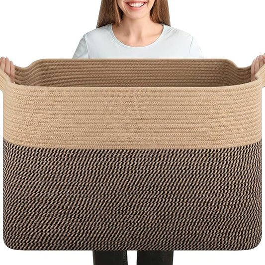 XXXL Supre Large Blanket Basket for Clothes, Towels, Pillows, 108L Cotton Rope Storage Basket for Living Room, Supre Large Woven Toy Storage for Kids, 25" x 16" x 16", Brown and Black