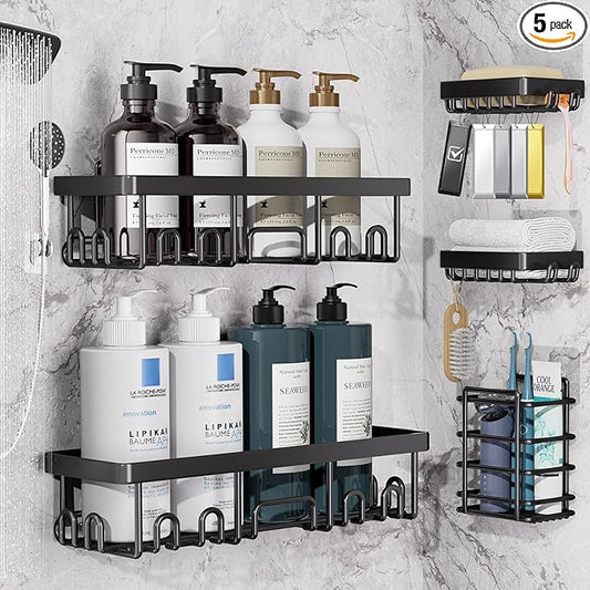 Veken Rustproof & Waterproof Shower Caddy 5-Pack, No Drilling Adhesive Wall Mounted Shower Shelves Rack, Heavy Weight Bearing, Large Organizer Storage Accessories, Ideal for Bathroom, Home & Kitchen