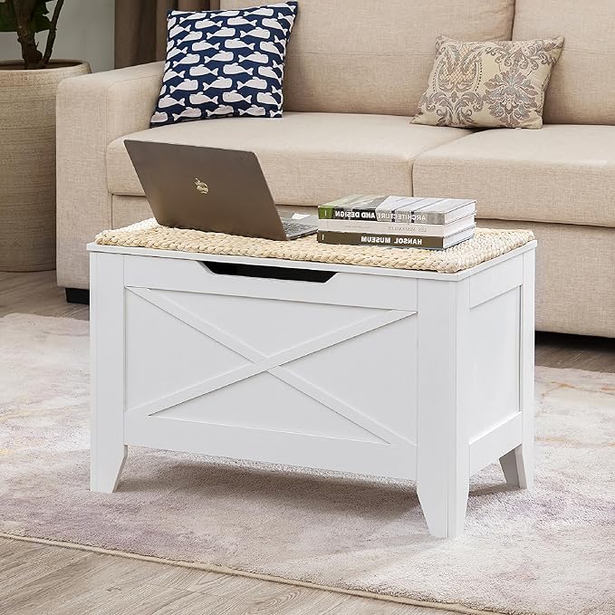 VECELO 30" Storage Chest with Lift Top Storage, Farmhouse Style Ottoman with Handwoven Wicker Cushion, Safety Hinges, Ideal for Entryway, Bedroom, Living Room, Ivory White