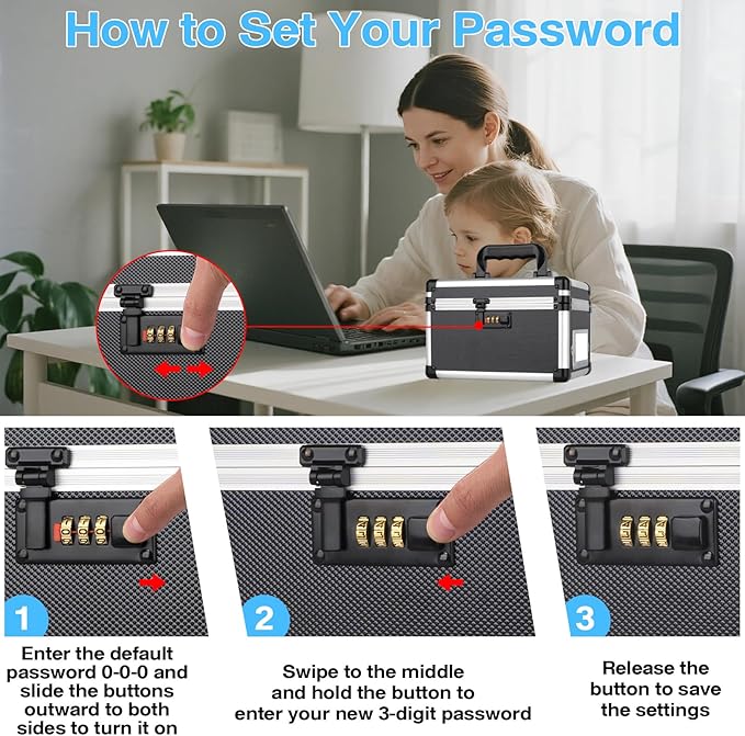 13.4 x 8 x 8.7 Inch Lockable Storage Box with Combination Lock, Portable Safe for Documents, Medicine, Cash & Valuables, Medicine Lock Box with Label Slot for Home, Office & Travel - Black