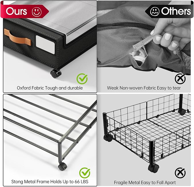 Yecaye 60L Under Bed Storage with Wheels, 2 Pack Under Bed Storage Containers, Underbed Shoe Storage with Clear Window & Label, Rolling Under Bed Metal Drawer for Clothes, Shoes,Toys, Books, Black