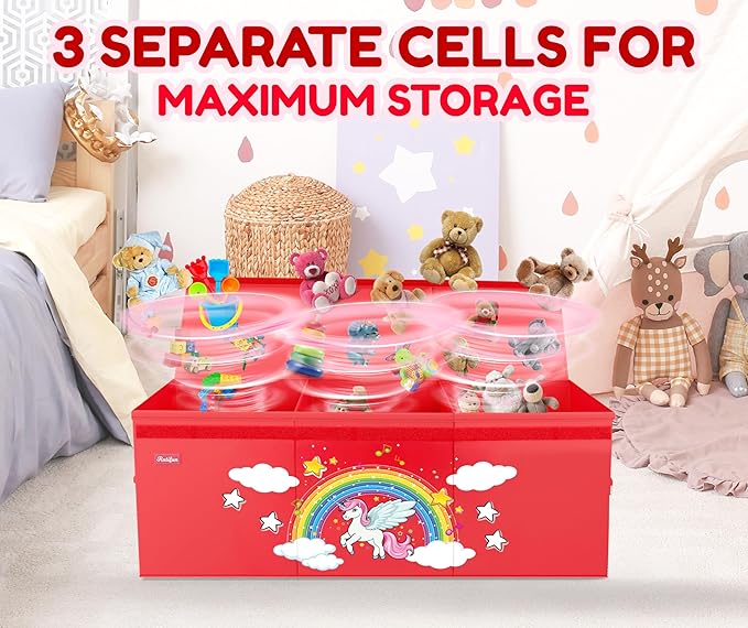 XL Unicorn Toy Box - Foldable & Collapsible Cardboard Toy Chest Storage, Glow in the Dark Stickers - Extra Large Organizer with Lid, Kids Storage with Removable Dividers & Mesh Pocket - Red