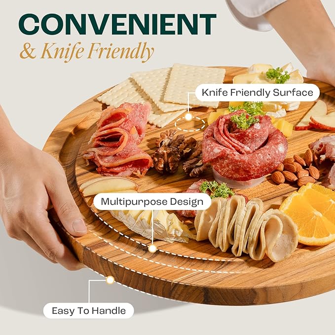 Yes4All Round Teak Cutting Boards for Kitchen, [16"D x 1"Thick] Edge Grain Cutting Board, Teak Wood Serving Board, Food Safe Surface for Slicing and Serving,Wood Charcuterie Board with Build In Handle
