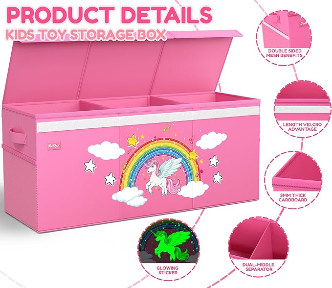 XL Unicorn Toy Box - Foldable & Collapsible Cardboard Toy Chest Storage, Glow in the Dark Stickers - Extra Large Organizer with Lid, Kids Storage with Removable Dividers & Mesh Pocket - Pink