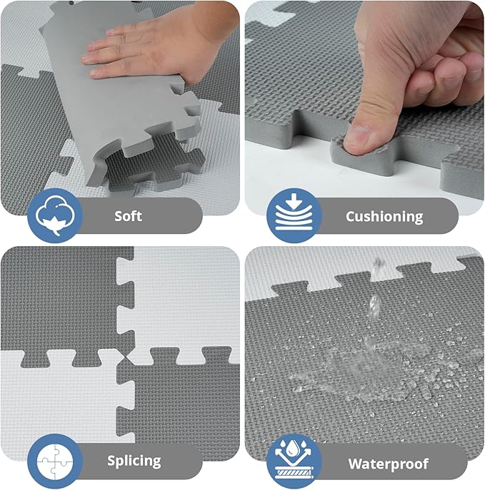 16 Tiles Baby Play Mat for Floor, EVA Foam Baby Floor Play Mat with 0.6 Inch Thick Interlocking Foam Tiles, Foam Floor Tiles for Baby, Toddlers and Kids (Grey-White, 16PCS)