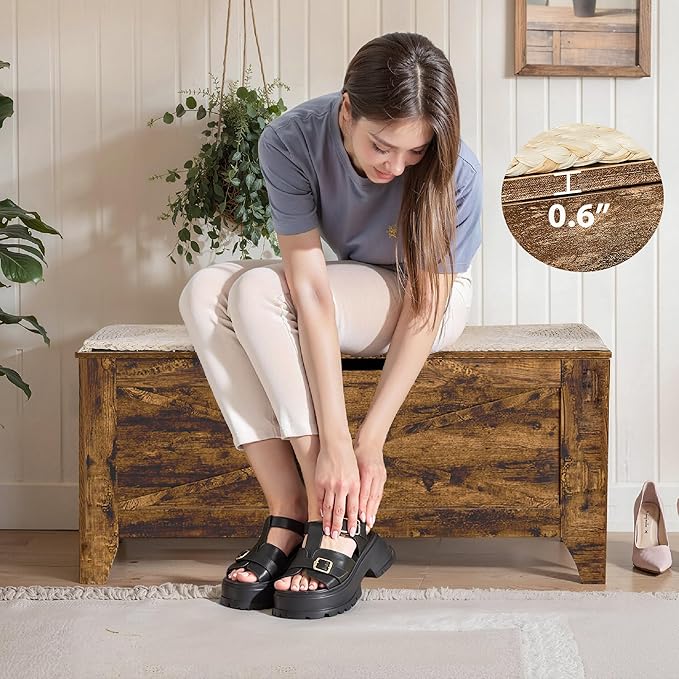 VECELO 43.3" Storage Chest with Lift Top Storage, Farmhouse Style Ottoman with Handwoven Wicker Cushion, Safety Hinges, Ideal for Entryway, Bedroom, Living Room, Walnut Brown