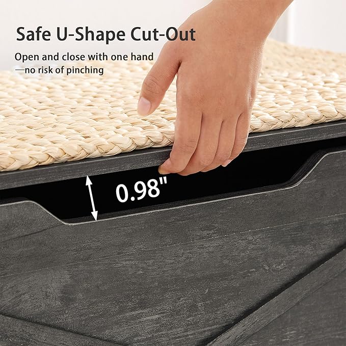 VECELO 43.3" Storage Chest with Lift Top Storage, Farmhouse Style Ottoman with Handwoven Wicker Cushion, Safety Hinges, Ideal for Entryway, Bedroom, Living Room, Coal Grey