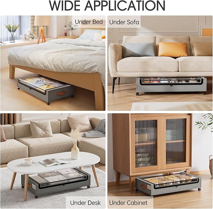 Yecaye Under Bed Storage with Wheels, 2 Pack Under Bed Storage Containers, Large Under Bed Rolling Storage with Clear Window & Label, Bedroom Storage Organizer for Clothes, Shoes,Toys, Books, Blankets