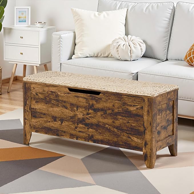 VECELO 43.3" Storage Chest with Lift Top Storage, Farmhouse Style Ottoman with Handwoven Wicker Cushion, Safety Hinges, Ideal for Entryway, Bedroom, Living Room, Walnut Brown