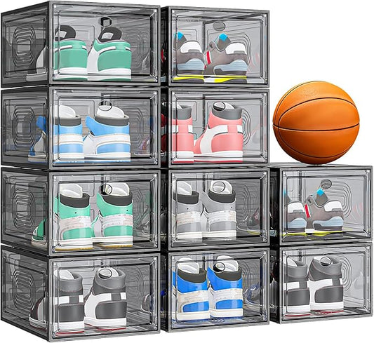 10 Pack Thicken Shoe Organizer Stackable,Upgraded Sturdy Shoe Storage Box with Magnetic Door,Shoe Containers For Sneaker Display,Hat Organizer,Black…