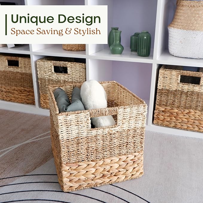 11 Inch Cube Storage Bins, Wicker Storage Baskets for Cube Shelf, Natural Foldable Square Baskets for Storage, Large Woven Storage Bin with Handle, Baskets for Pantry, Living Room Set of 4