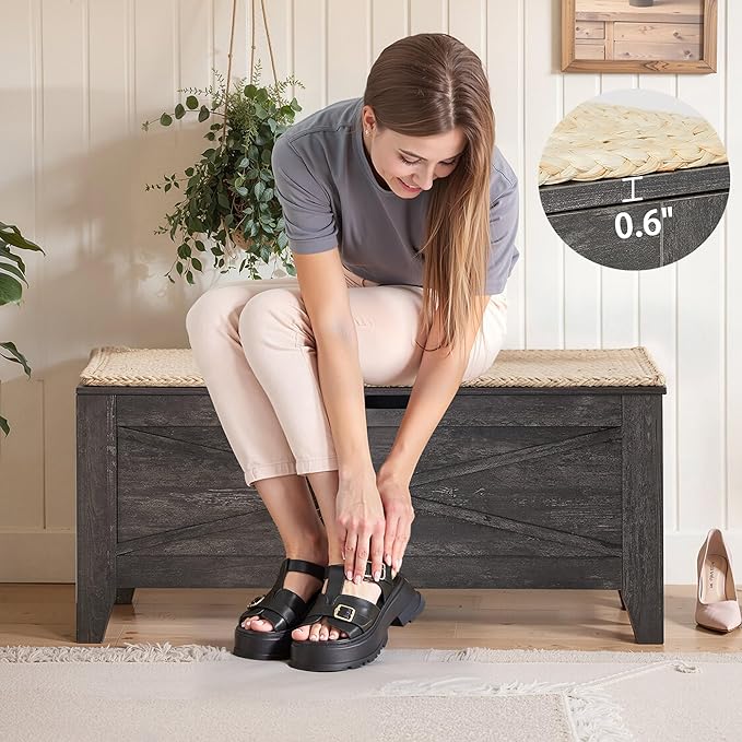 VECELO 43.3" Storage Chest with Lift Top Storage, Farmhouse Style Ottoman with Handwoven Wicker Cushion, Safety Hinges, Ideal for Entryway, Bedroom, Living Room, Coal Grey