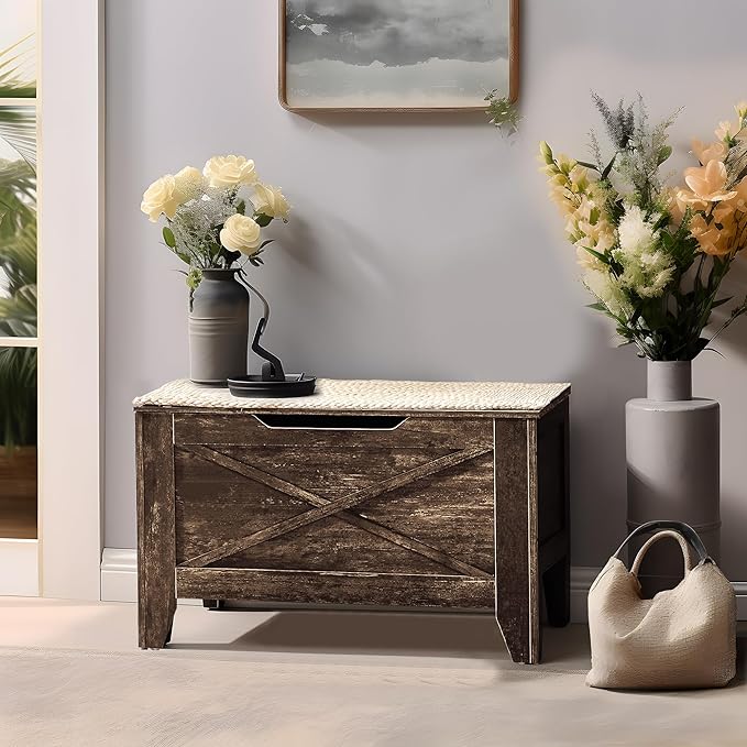 VECELO 30" Storage Chest with Lift Top Storage, Farmhouse Style Ottoman with Handwoven Wicker Cushion, Safety Hinges, Ideal for Entryway, Bedroom, Living Room, Walnut Brown