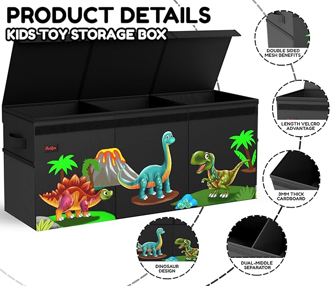 XL Dinosaur Toy Box - Foldable & Collapsible Cardboard Toy Chest Storage, Cute Dinosaur Design - Extra Large Organizer with Lid, Kids Storage with Removable Dividers & Mesh Pocket - Black