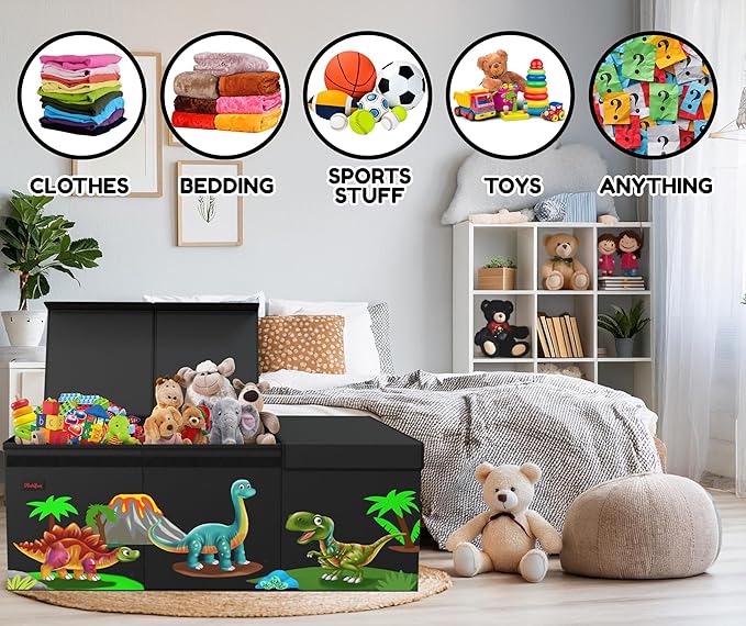 XL Dinosaur Toy Box - Foldable & Collapsible Cardboard Toy Chest Storage, Cute Dinosaur Design - Extra Large Organizer with Lid, Kids Storage with Removable Dividers & Mesh Pocket - Black
