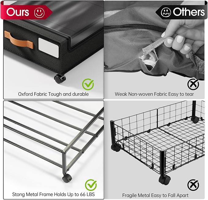 Yecaye Under Bed Storage with Wheels 2Pack, 70L Larger Capacity Under Bed Storage Containers, Underbed Shoe Storage Organizer, Rolling Under Bed Metal Drawers for Clothes, Blankets(35.5 x 17 x 6.7in)