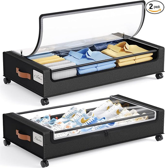Yecaye 60L Under Bed Storage with Wheels, 2 Pack Under Bed Storage Containers, Underbed Shoe Storage with Clear Window & Label, Rolling Under Bed Metal Drawer for Clothes, Shoes,Toys, Books, Black