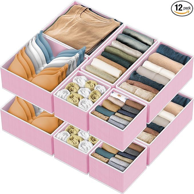 SIMPLE HOUSEWARE Foldable Drawer Organizer for Clothes/Underwear/Panty/Onesie Stocking Bin, Set of 12, Pink