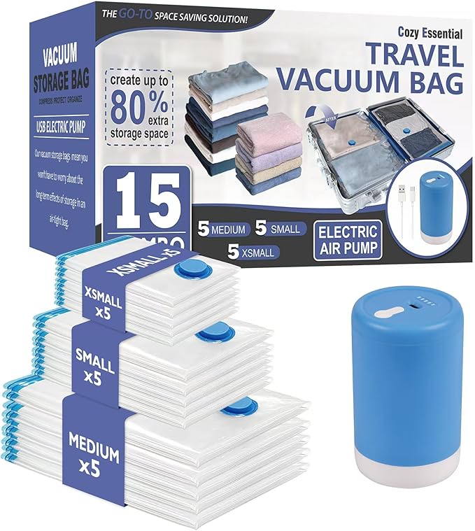 15 Pack Space Saver Storage Bags with Electric Air Pump