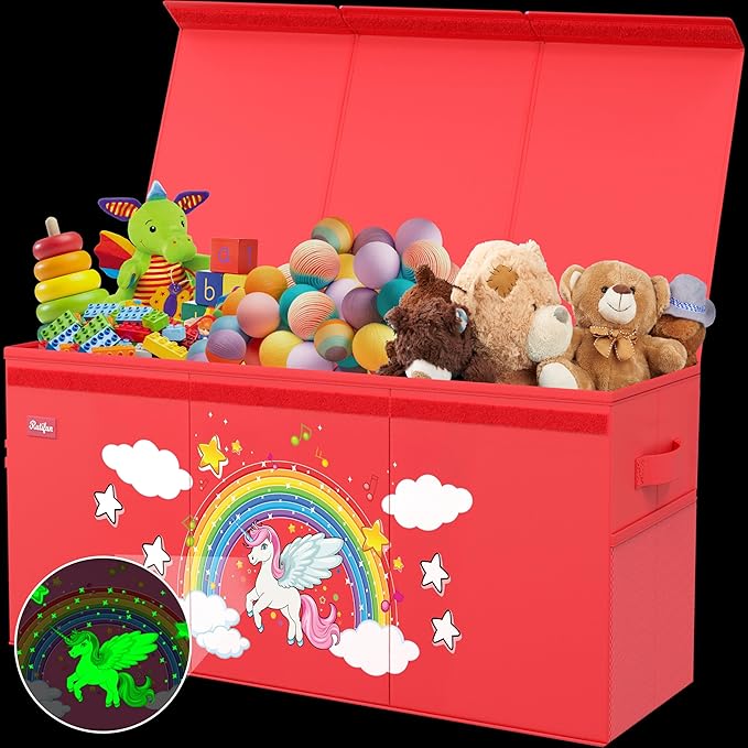 XL Unicorn Toy Box - Foldable & Collapsible Cardboard Toy Chest Storage, Glow in the Dark Stickers - Extra Large Organizer with Lid, Kids Storage with Removable Dividers & Mesh Pocket - Red