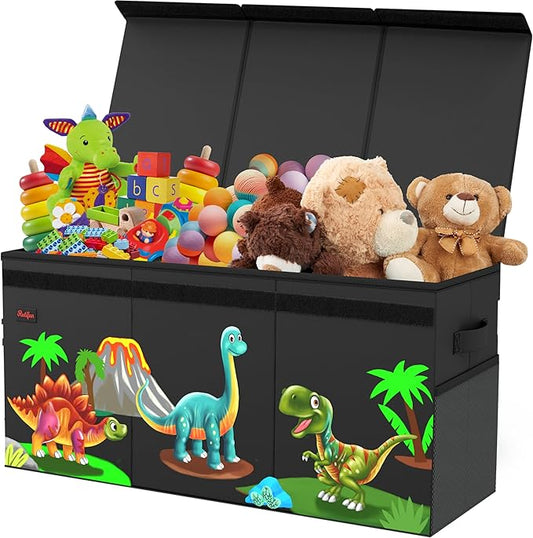 XL Dinosaur Toy Box - Foldable & Collapsible Cardboard Toy Chest Storage, Cute Dinosaur Design - Extra Large Organizer with Lid, Kids Storage with Removable Dividers & Mesh Pocket - Black