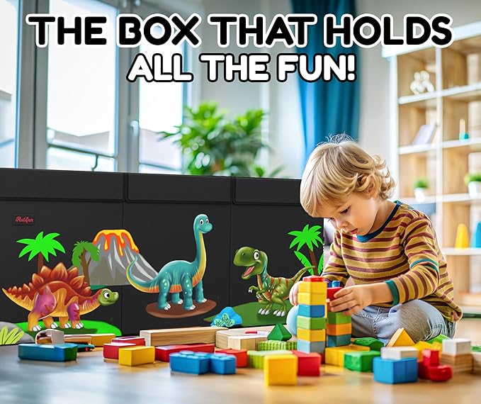 XL Dinosaur Toy Box - Foldable & Collapsible Cardboard Toy Chest Storage, Cute Dinosaur Design - Extra Large Organizer with Lid, Kids Storage with Removable Dividers & Mesh Pocket - Black