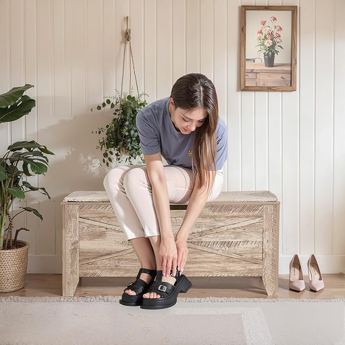 VECELO Storage Chest, 43.3in Wooden Bench for Storage with Safety Metal Hinges and Wicker Mat,Entryway Shoe Trunk Industrial Style for Bedroom Living Room,Burly Wood