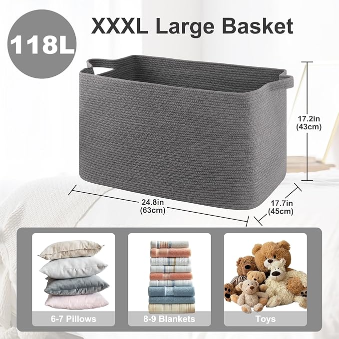 118L Extra Large Blanket Basket, 24.8" x 17.7" x 17.2" Woven Storage Basket for Living Room, Rectangle Nursery Blanket Storage for Toys, Towels, Dirty Clothes (Grey)