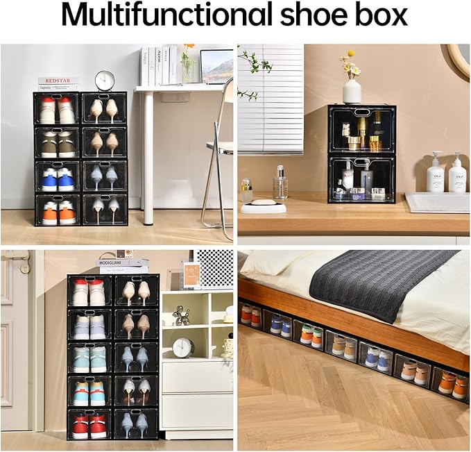 12 Pack Large Shoe Storage Box, Clear Shoe Storage Organizer with Magnetic Door, Stackable,Shoe Containers For Display Sneakers, Easy Assembly, Fit up to US Size 12, Black